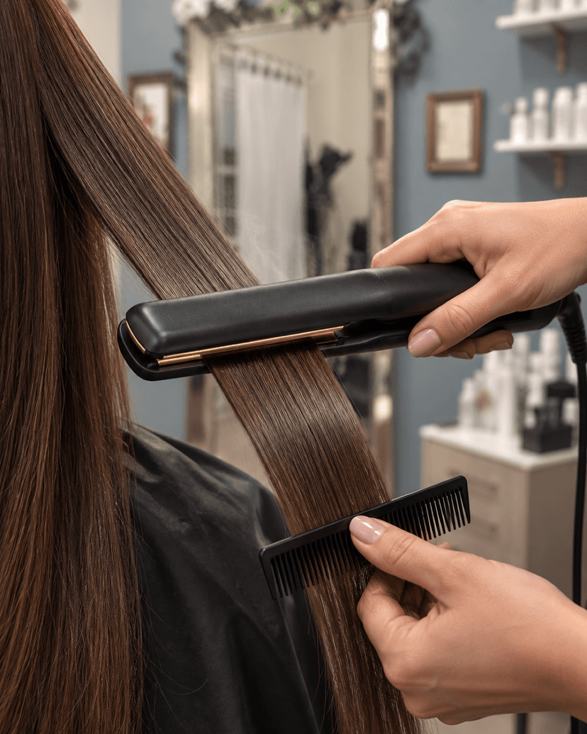 Flat iron smoothing a section of hair as part of a retexturing treatment